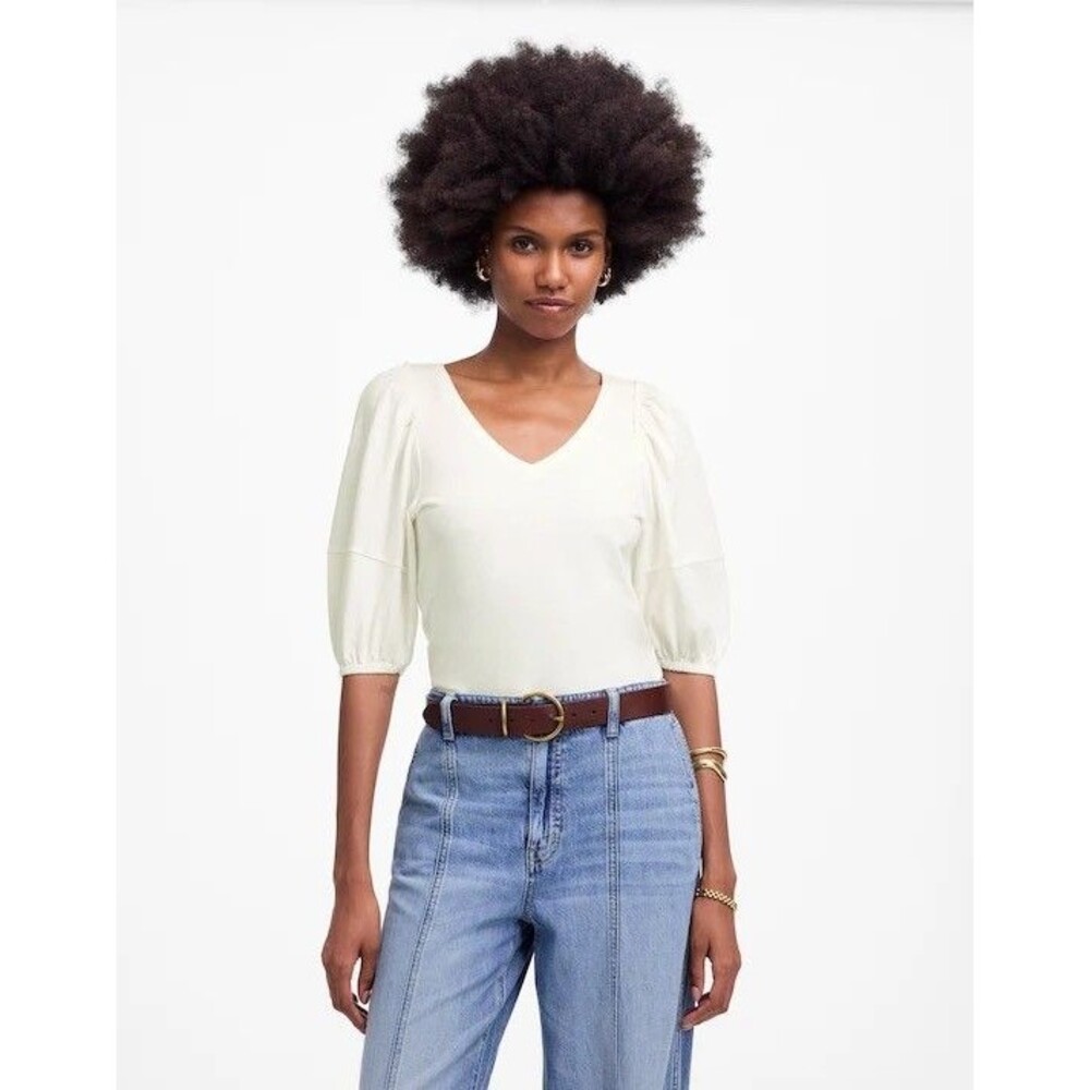 MADEWELL Puff-Sleeve V-Neck Tee S White Relaxed Fit 100% Cotton NEW B51